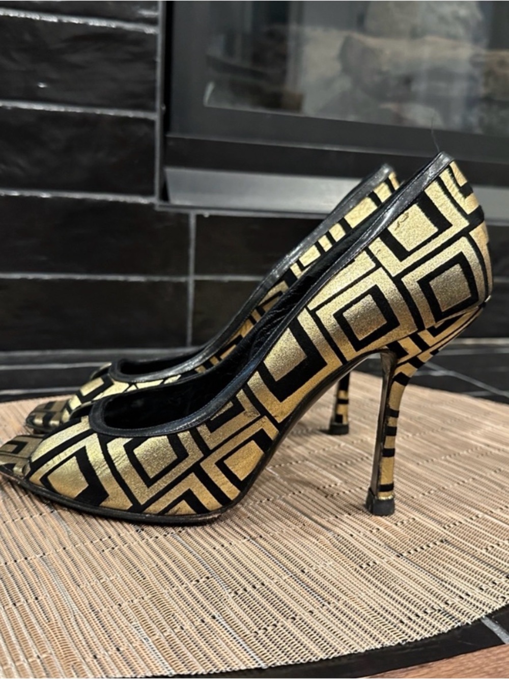 EUC Gianni Versace Gold and Black Geometric Peep-Toe Stiletto Runway Style